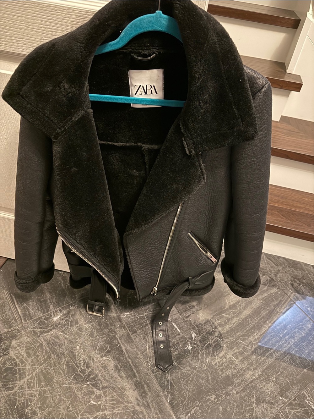 ZARA Black Faux-Leather Shearling Biker Jacket